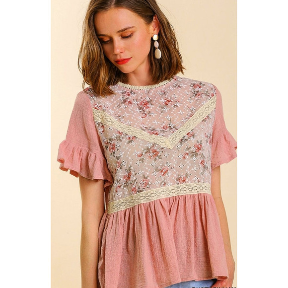 New UMGEE Size S L Rose Pink Short Sleeve Floral Eyelet Lace Trim Baby Doll Top | Poshmark