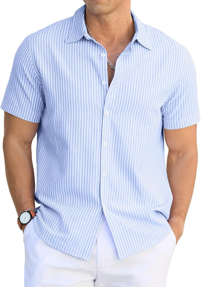 Sailwind Men's Casual Button Down Shirts Short Sleeve Striped Cotton Beach Summer Vacation Shirt | Amazon (US)