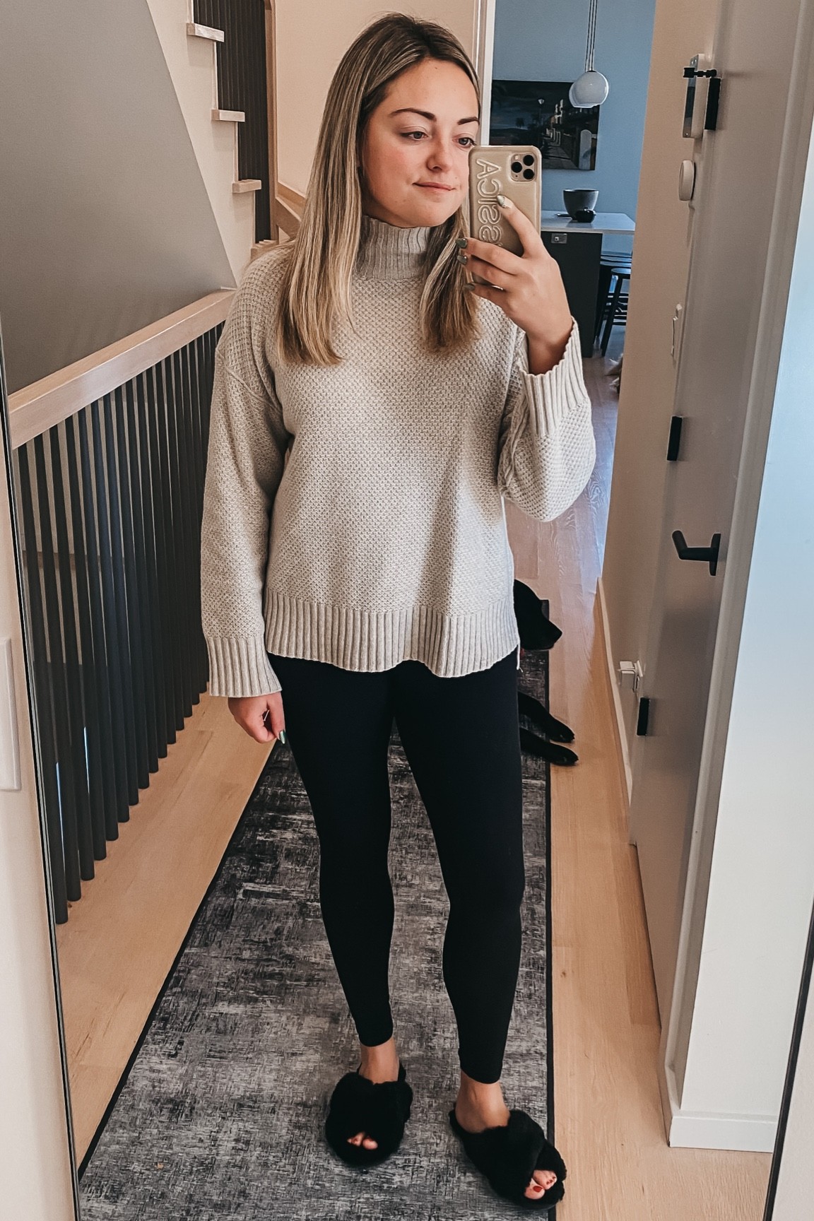 Waffled Cashmere Turtleneck - wearing a medium.
These Amazon leggings are the besttttt - wearing a small, I’d size down if you’re in between. (Under $25!)
The coziest criss cross slide slippers - great gift idea, they come in a bunch of colors! 

#LTKSeasonal #LTKshoecrush
