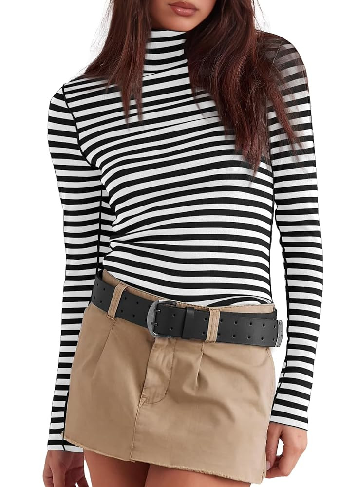 Darong Womens Striped Turtleneck Shirt Long Sleeve Undershirts Ribbed Slim Fit Top Fitted Basic T... | Amazon (US)