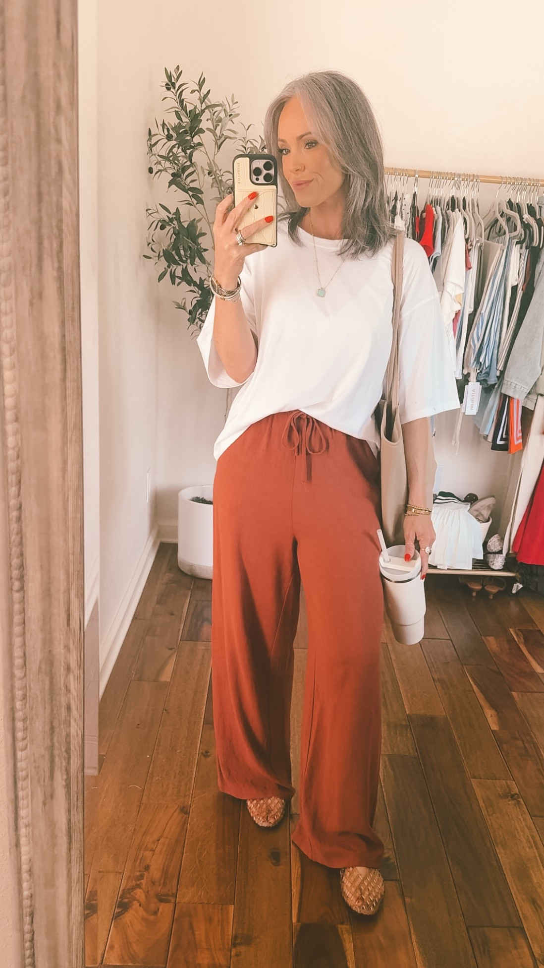 Easy comfortable outfit! 
Medium in the white tee….wish I would have stuck to tts small
Medium in the pants…also could do a small in the color brick red  #springoutfit #bohovibes #boho #summerstyle #elevatedcasual #momstyle

#LTKOver40 #LTKmomlife #LTKootd