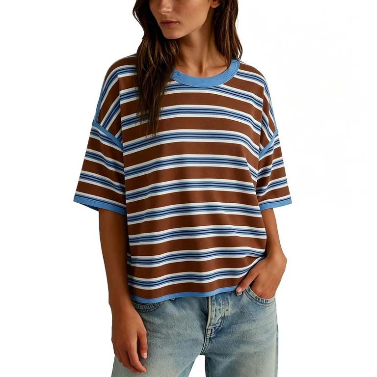 zbxnLI Oversized T Shirts for Women Casual Short Sleeve Tee Top Fashion Striped Baggy Tshirts Cre... | Walmart (US)
