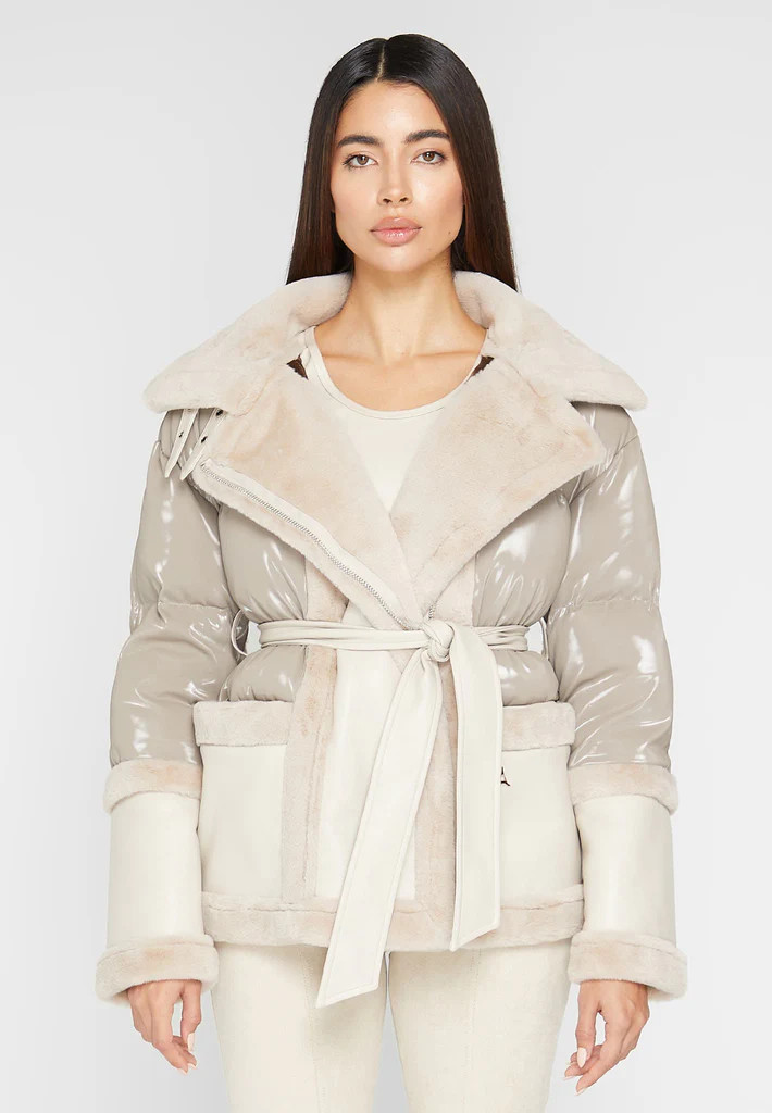 Vegan Leather and Plush Puffer Jacket with Belt - Beige | Maniere De Voir