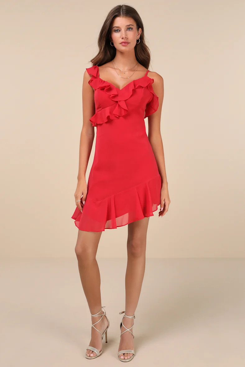Captivating Always Red Ruffled Asymmetrical Mini Dress | Lulus