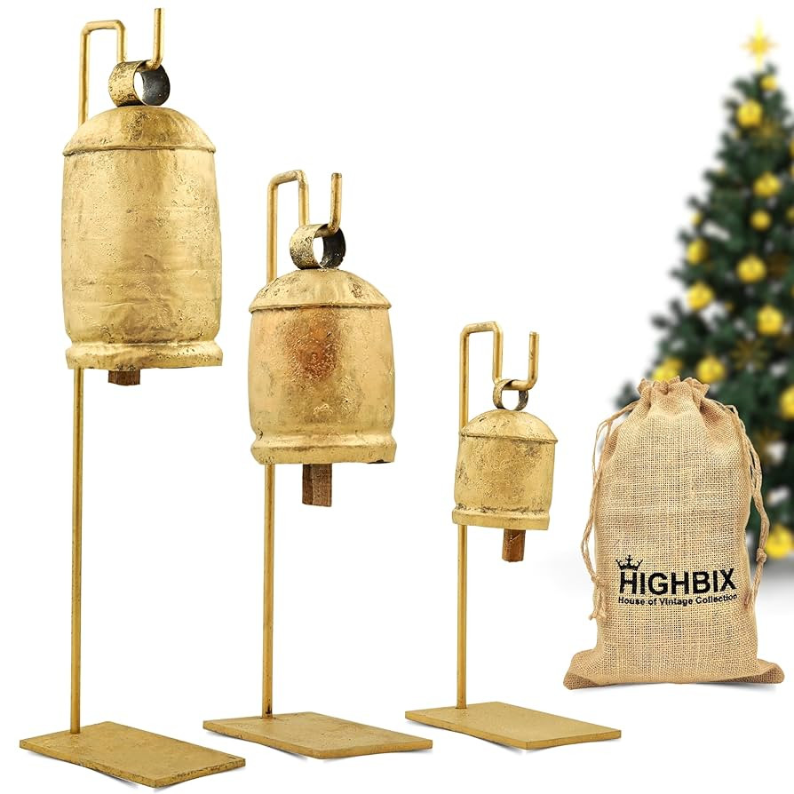 HIGHBIX Set of 3 Vintage Style Rustic Handmade Jingle Cowbells with Metal Stand Farmhouse Holiday... | Amazon (US)