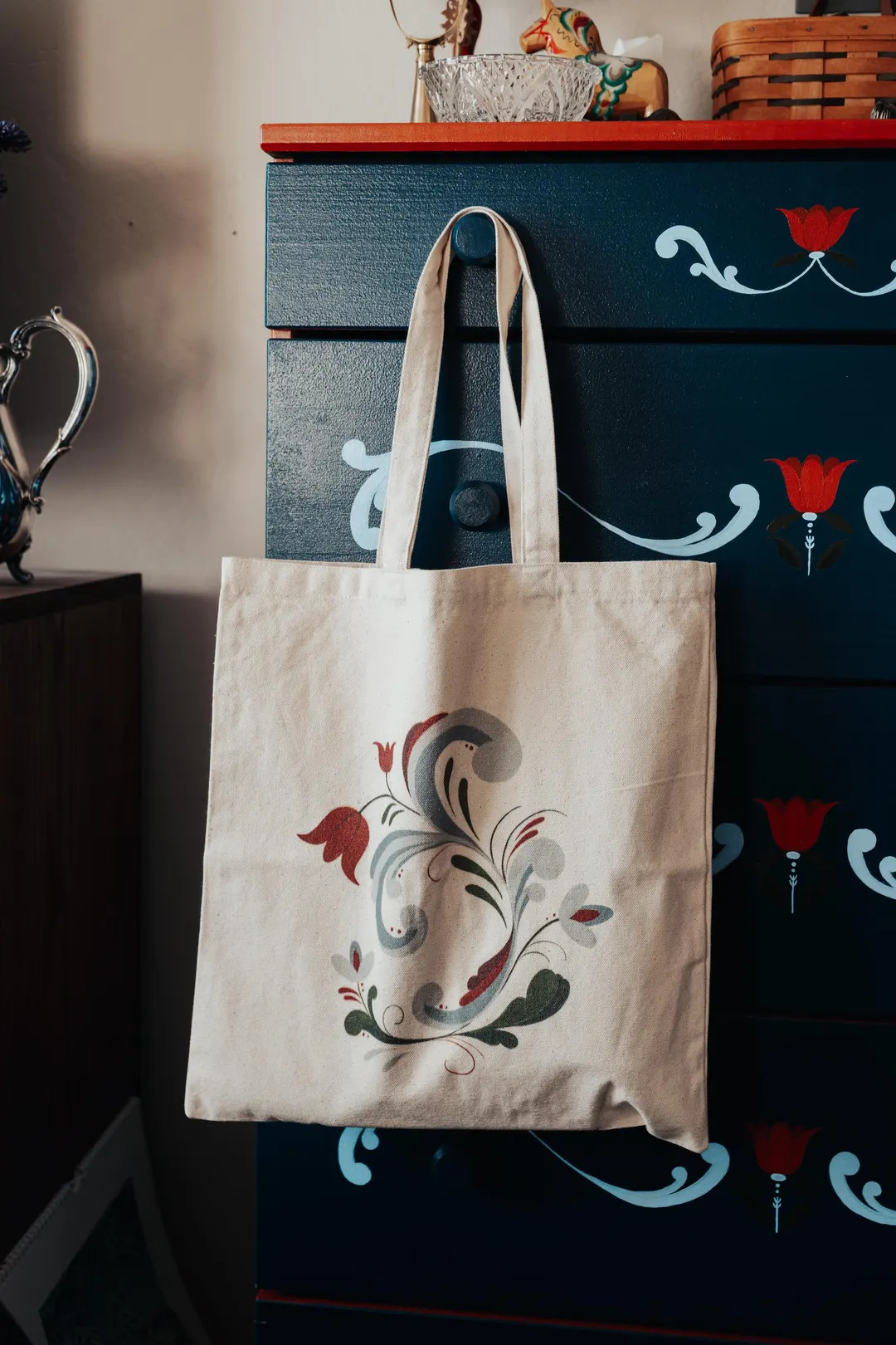 5) Rosemaling Tote Bag, Scandinavian Folk Art Cotton Canvas Gift, Norwegian Swedish Floral Design... | Etsy (US)