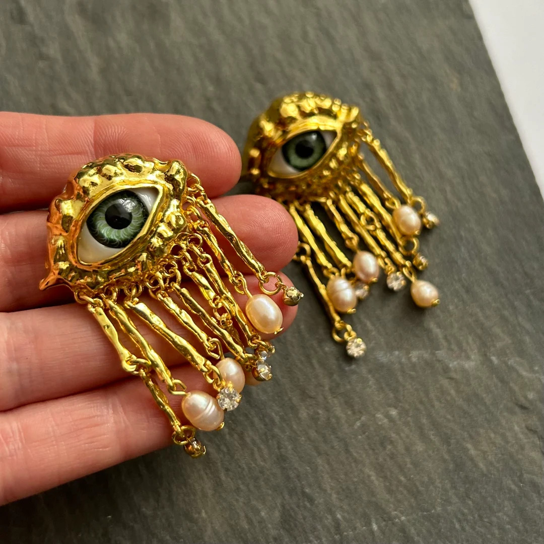 Back in Stock - Statement Eye Earrings - Pierced or Clip On, Gold Tone Brass, Faux Pearl Drops - ... | Etsy (US)