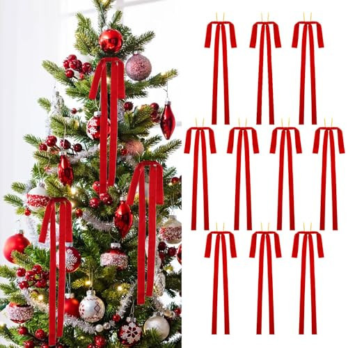 10PK Red Christmas Bows Long Velvet Bow Ornaments for Vintage Christmas Tree Decorations, Large Ribbon Bow for Swag Staircase Wreath Garland Fireplace, Great Holiday Decor, 23.5x15.7 Inch | Amazon (US)