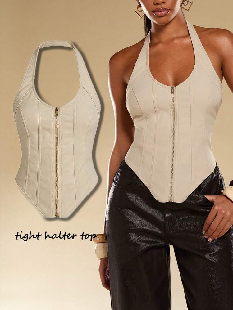 Normani Women's Solid Color Zip-Up Sleeveless Fitted Casual Top Women's Vest Tops Women's Tops An... | SHEIN