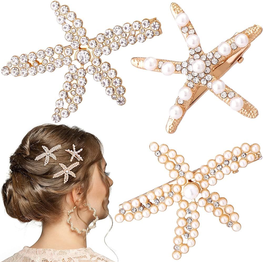 PAGOW 3 PCS Starfish Hair Clips, Gold Rhinestone Pearls Crystal Hair Clips, Sea Star Ponytail Hol... | Amazon (US)