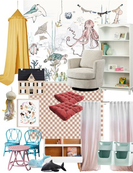 Adorable girl’s playroom. Nautical themed, wallpaper, boho playroom, colorful kids rooms decor. Dollhouse, swivel rocker, slipcovered glider, ombré curtains

#LTKfamily #LTKhome #LTKkids