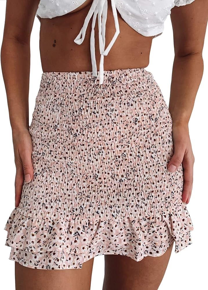 Women Floral Shirred Ruffled Mini Skirt | Amazon (US)