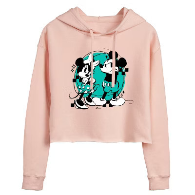 Women's Disney Mickey And Minnie Mouse Cropped Graphic Hoodie - Blush - Medium | Target