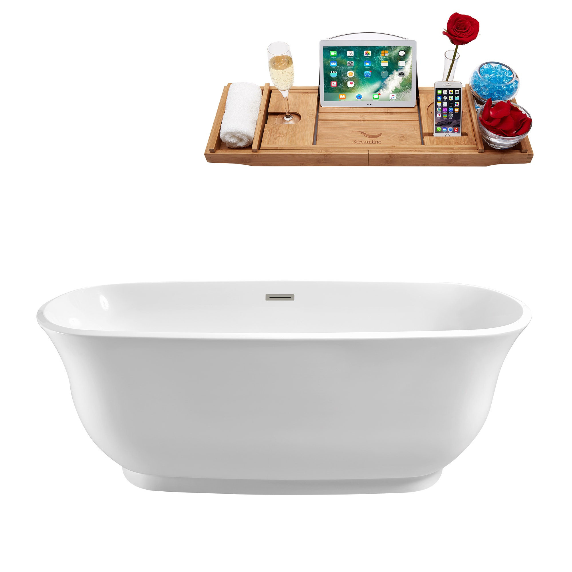 Streamline 30.7-in x 66.9-in Glossy White Acrylic Oval Freestanding Soaking Bathtub with Drain ( Center Drain ) | N661BNK | Lowe's
