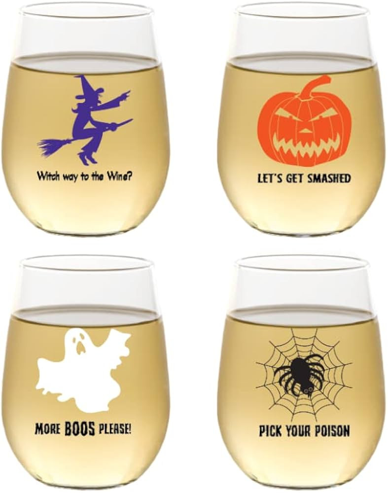 Set of 4 HOLIDAY DESIGN Shatterproof 16 oz Plastic Stemless Wine Glasses (HALLOWEEN) | Amazon (US)