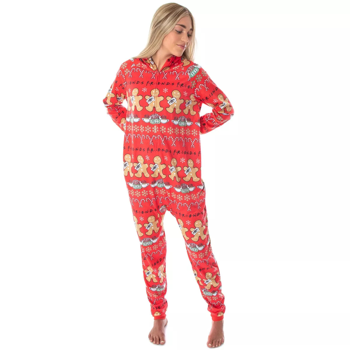Friends TV Show Womens' Central Perk Ugly Christmas Sweater Hooded Pajama Union Suit Multicolor | Target