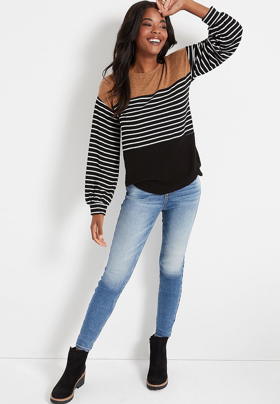 Gold Colorblock Long Sleeve Cozy Tee | Maurices