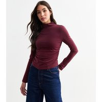 Women's Burgundy High Neck Ruched Long Sleeve Top New Look | New Look (UK)