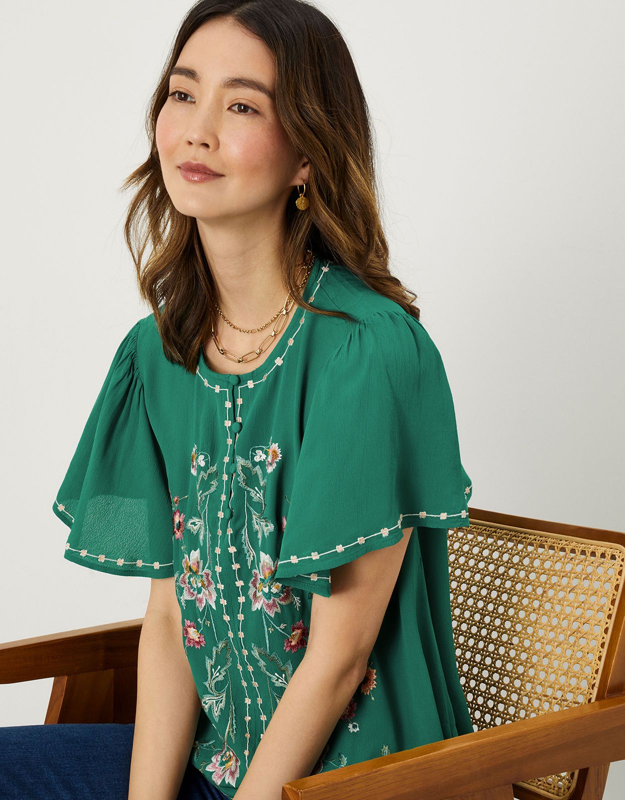 Toby Embroidered Top in Sustainable Viscose Green | Monsoon (UK)