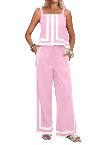 Tankaneo Womens 2 Piece Lounge Set Summer Casual Color Block Cami Top Wide Leg Pants Set Beach Vacation Outfits | Amazon (US)