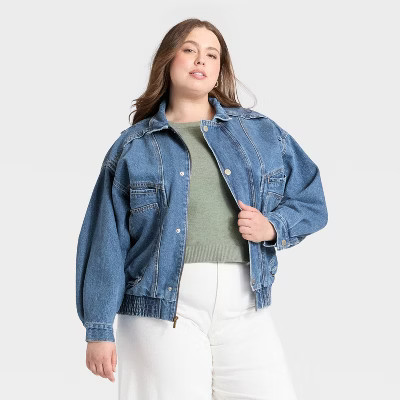 Women's Relaxed Bomber Denim Jacket - Universal Thread™ Medium Wash XXL | Target