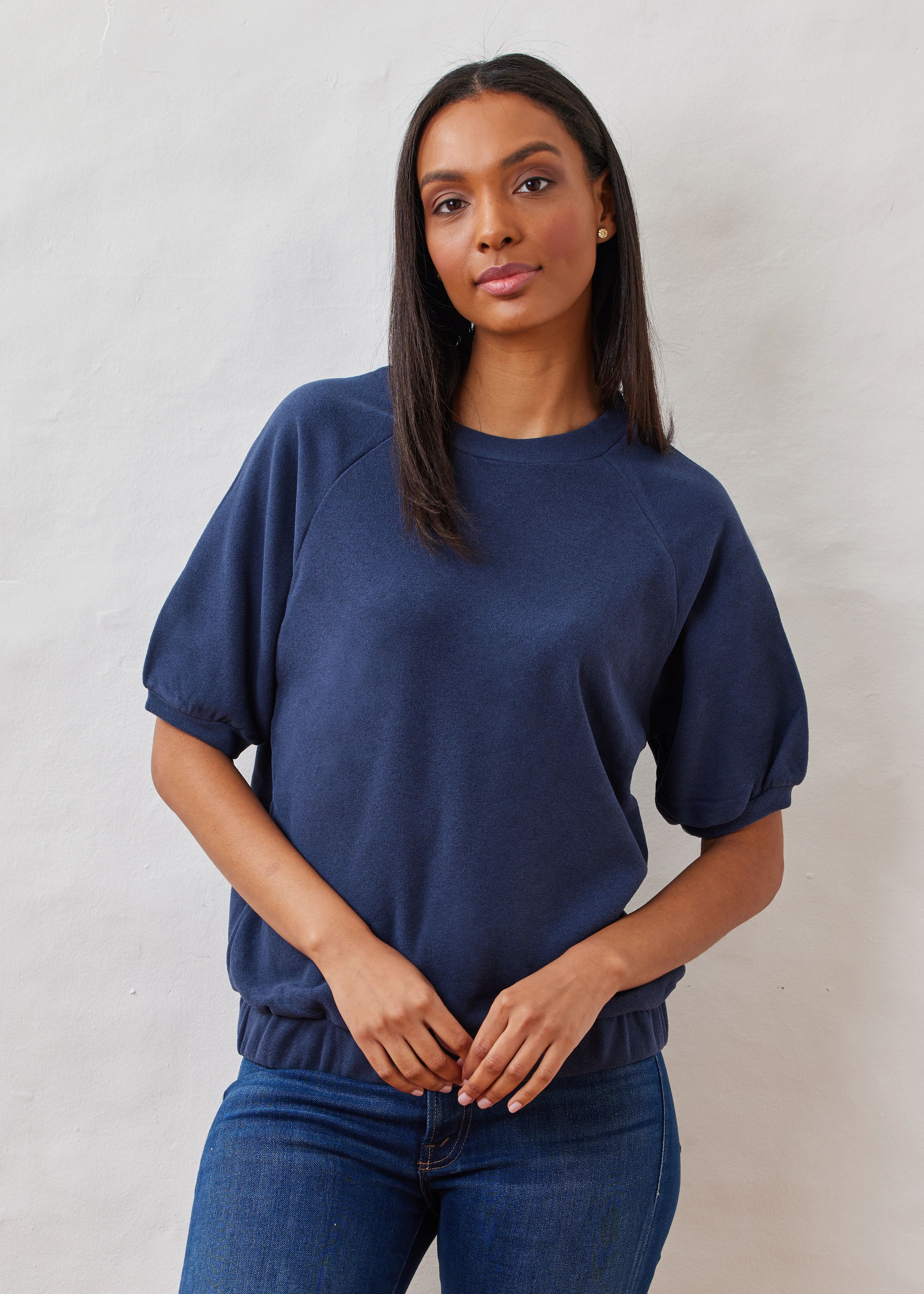 Perkins Puff Sleeve Top in Terry Fleece (Navy) | Dudley Stephens