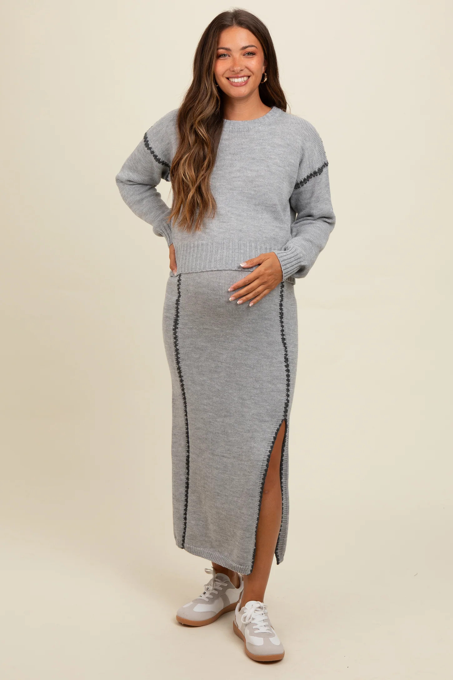 Heather Grey Contrast Stitch Knit Sweater And Maxi Skirt Maternity Set | PinkBlush Maternity