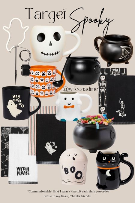 Cute Halloween spooky serve ware and mugs from Target. Cauldron, ghost, skeleton