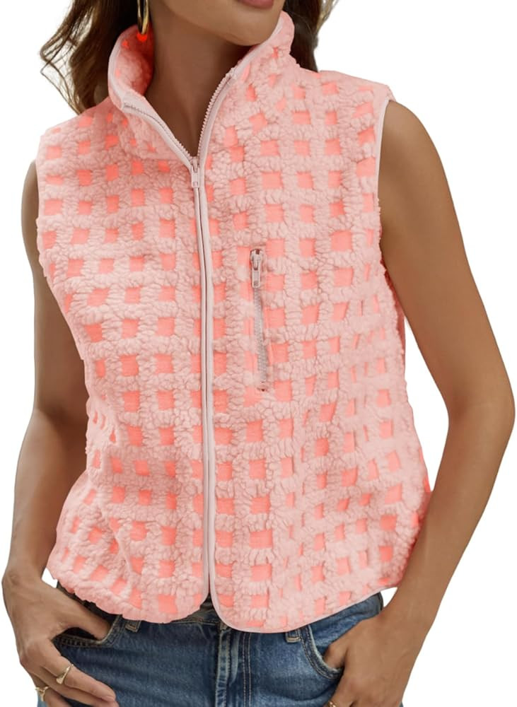 Tankaneo Womens Checkered Sherpa Vest Fleece Fuzzy Zip Up Sleeveless Jacket Casual 2025 Winter Wa... | Amazon (US)
