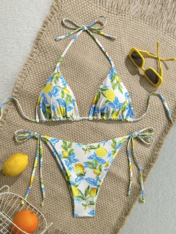 Soleia New Fashionable Young Women's Sicily Lemon Fruit Print Halter Bikini Swimsuit 2 Pieces Set... | SHEIN