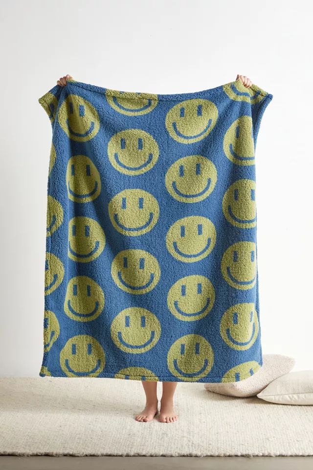 Happy Face Sherpa Throw Blanket | Urban Outfitters (US and RoW)