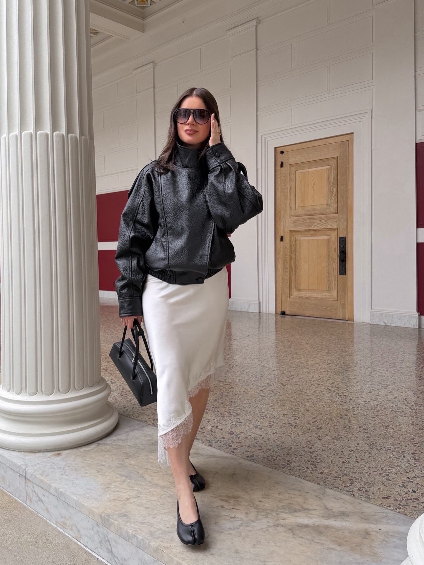 Styling @Zara  black leather funnel neck jacket with @Zara satin lace trim skirt, @Steve Madden US split toe flats, Freya black leather shoulder bag and aviator sunglasses. 

#outfit #outfitideas #springoutfit #jacket #leatherjacket #flats #lacetrim #skirt #satin #silk #funnelneck #splittoe 


#LTKSeasonal #LTKootd #LTKWorkwear