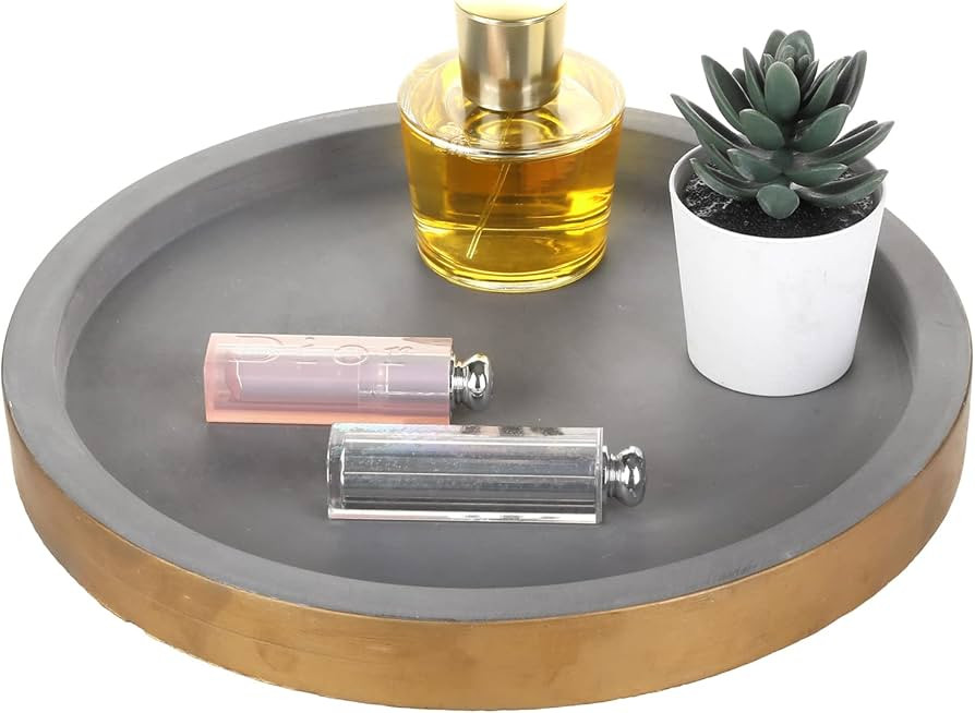 MyGift 11-inch Modern Concrete Round Bathroom Vanity Tray with Gold Tone Rim Accent, Cologne and ... | Amazon (US)