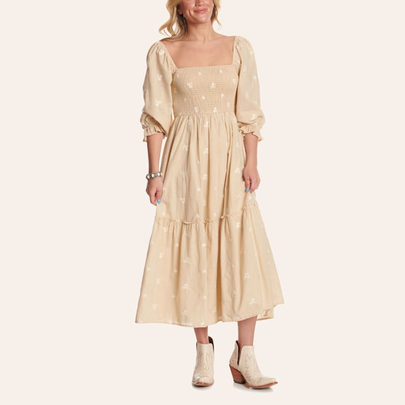 Endless Blu Natural Smocked Floral Embroidered Maxi Dress | Cavender's