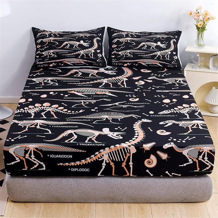 Dinosaur Fitted Sheet & Pillowcase Set, Full Size, Jurassic Evolution Dino Bones Bedding Set, 3 P... | Amazon (US)