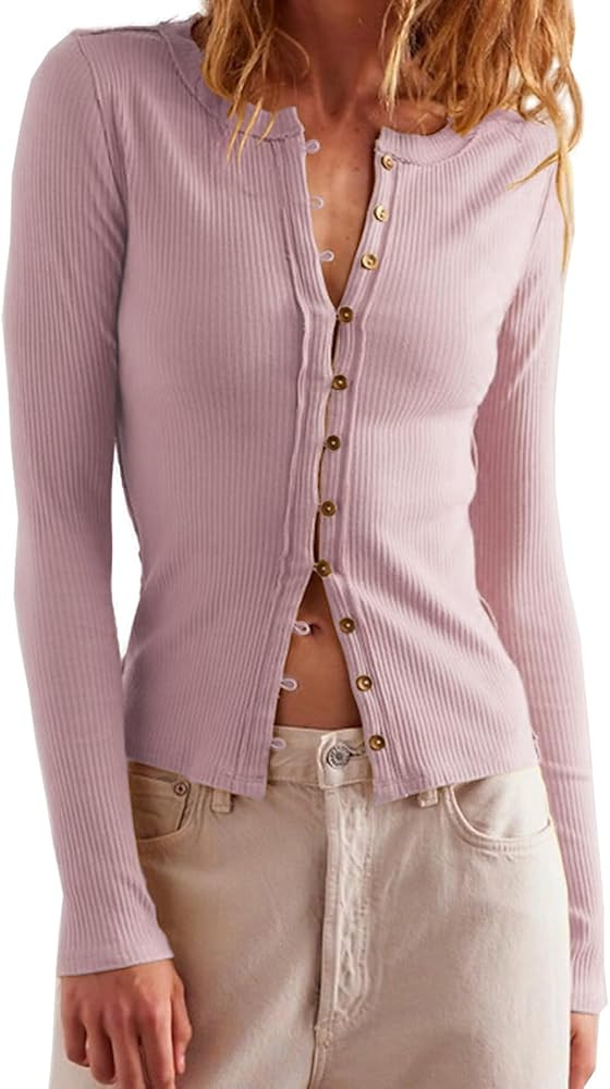 Womens Slim Fitted Cardigan Long Sleeve Y2K Ribbed Tops Button Down Shirts | Amazon (US)