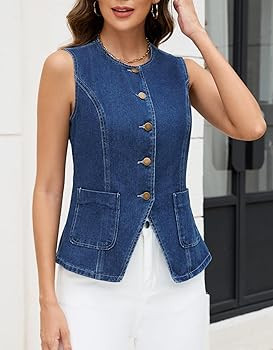Ladyful Womens Denim Vest Top Sleeveless Jean vest Button Down Western Denim Waistcoat Suit Top | Amazon (US)