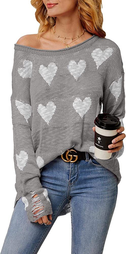 Chang Yun Women Off Shoulder Knitted Pullovers Sweater Loose Long Sleeve Hearts Printed Ripped Tops | Amazon (US)