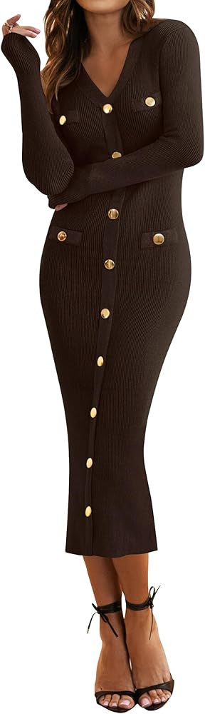 MIROL Women's V-Neck Bodycon Sweater Dress 2025 Fall Long Sleeve Button Down Knit Maxi Dress Eleg... | Amazon (US)