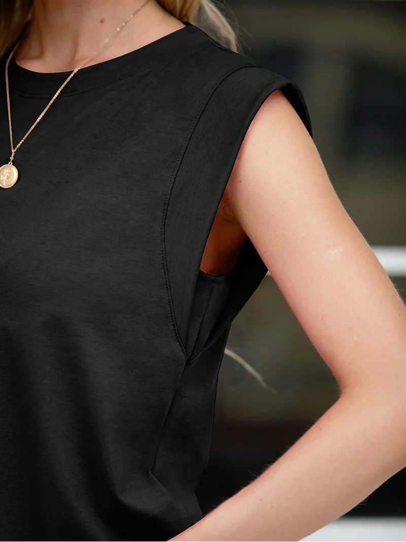 JWD Women's Top Cap Sleeve Summer Blouses Casual Crew NecK Solid Color Women's Tanks Black L | Walmart (US)