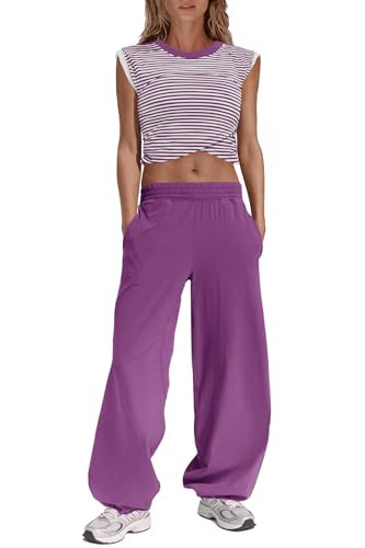 Panadila Womens Striped Lounge Sets 2 Piece Outfits Cropped T Shirts Wide Leg Pants Set Summer Sweat suits Tracksuit (Purple Combo,X-Large) | Amazon (US)