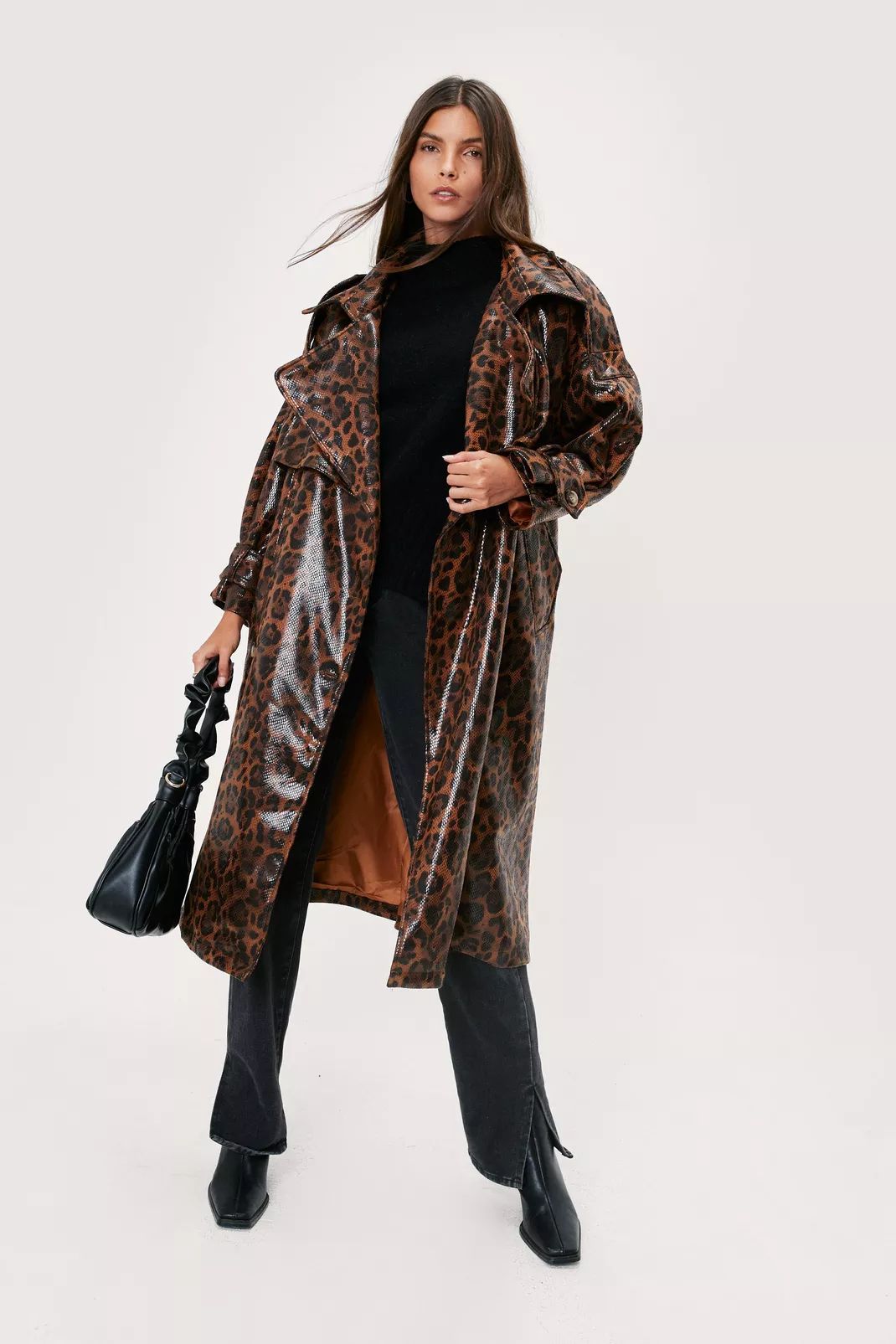 Faux Leather Leopard Oversized Trench Coat | Nasty Gal (US)