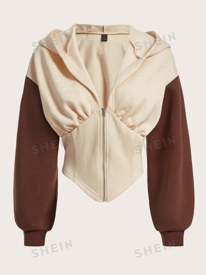 SHEIN EZwear Colorblock Zip Up Asymmetrical Hem Crop Hoodie | SHEIN