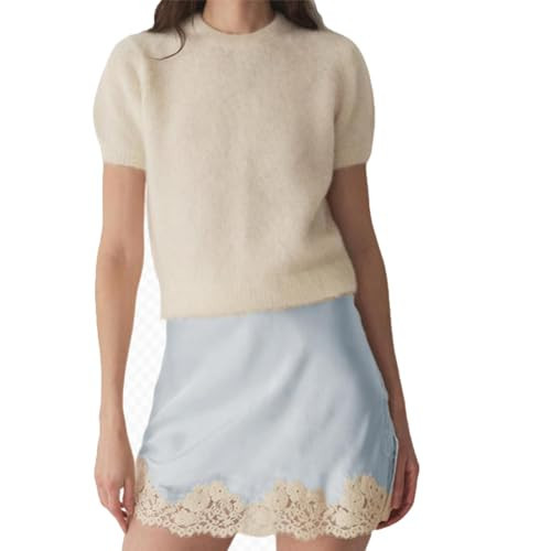 Womens Mini Lace Satin Skirts Elastic Waisted Lace Trim Half Slip Elegant Short Length Skirt (Light Blue, S) | Amazon (US)