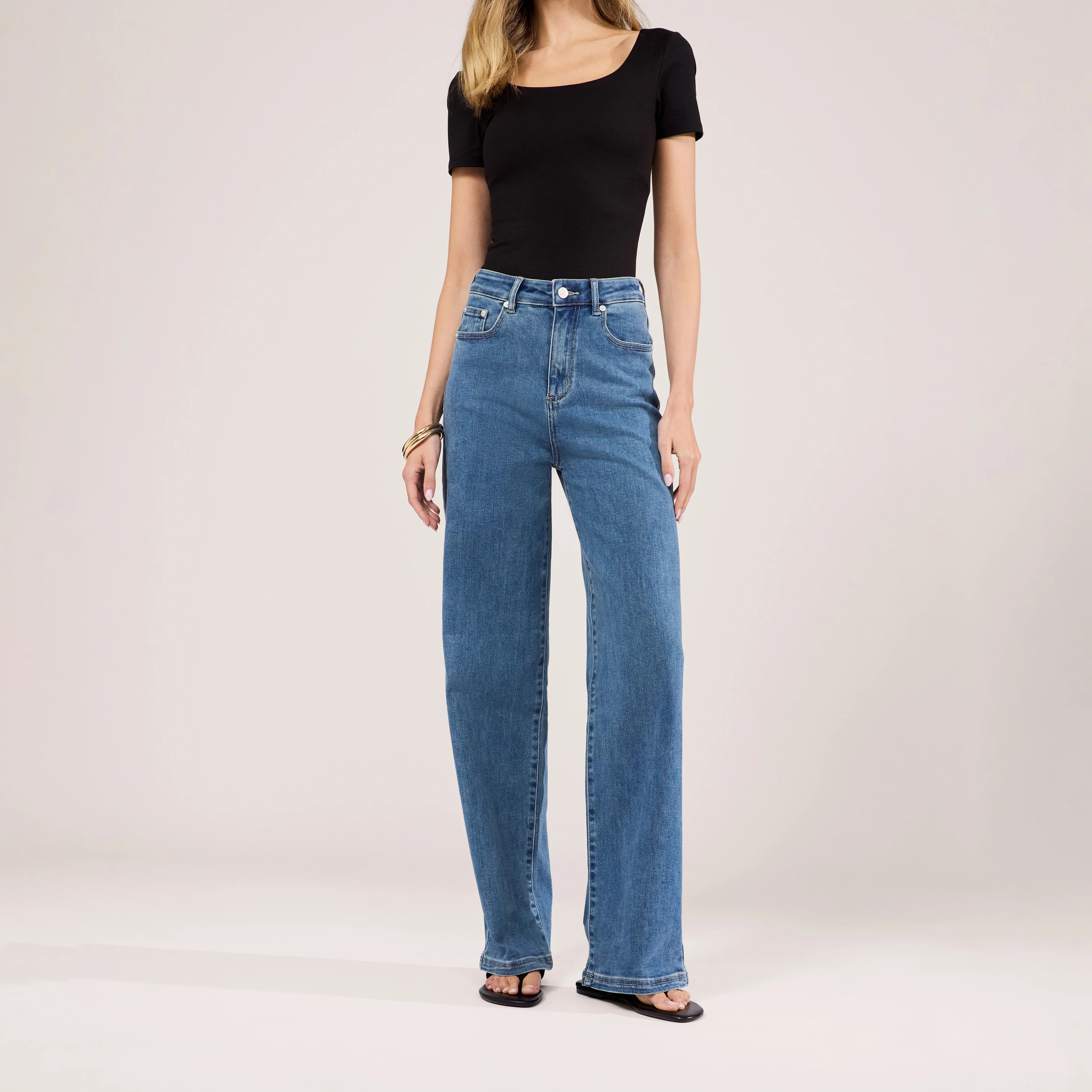 Stretch Wide Leg Jeans - Mid Blue | LOVALL