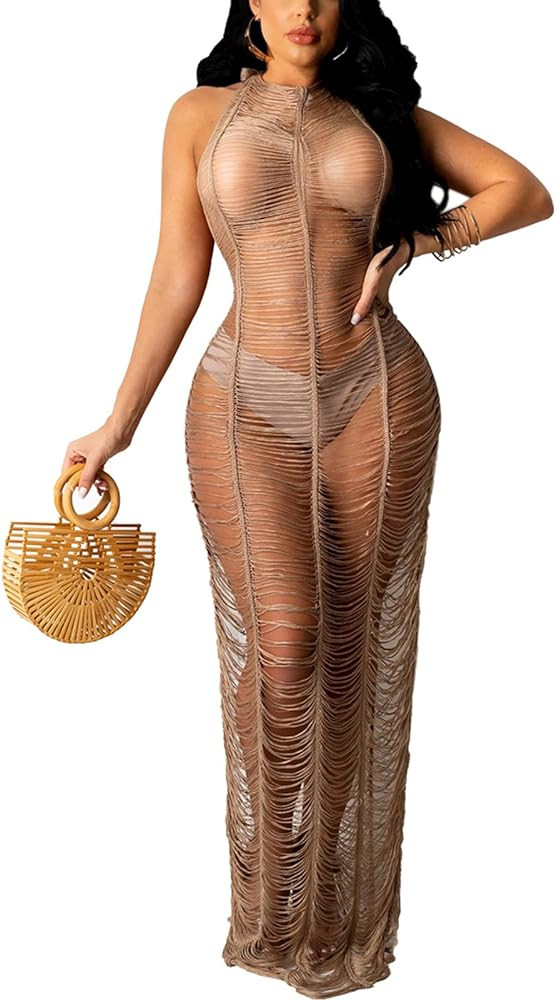 Women Sexy Halter Sleeveless Mesh See Through Crochet Maxi Long Dress Backless Knitted Beach Biki... | Amazon (US)