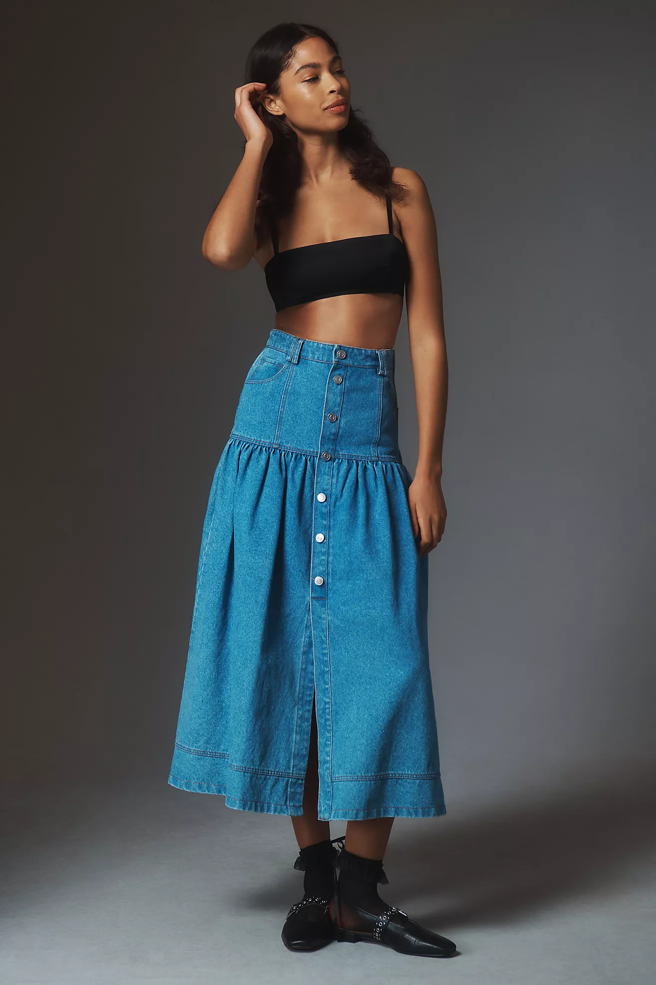 Moon River Basque-Waist Denim Midi Skirt | Anthropologie (US)