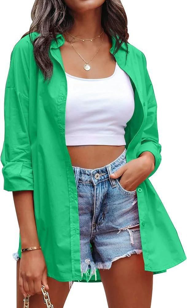 HangNiFang Womens Oversized Button Down Shirts Long Sleeve Loose Fit Work Dressy Blouses Tops | Amazon (US)