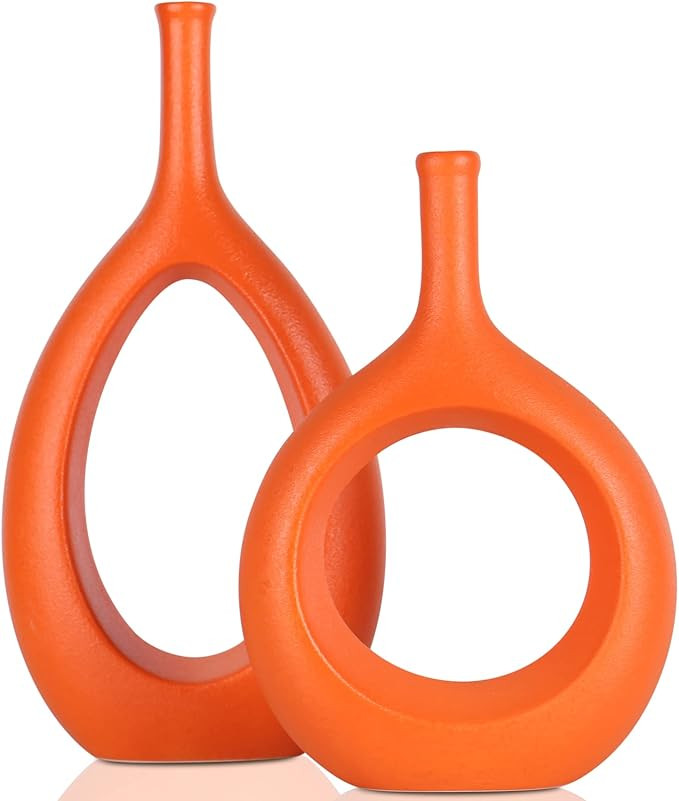 Orange Ceramic Vase Set 2,Modern Hollow Circle with Hole Flower Vase for Home Decor,for Table Cen... | Amazon (US)