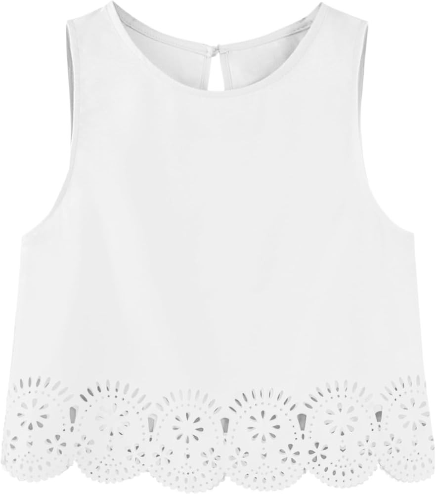 Remidoo Women's Scallop Trim Crop Tank Top Summer Keyhole Back Cropped Sleeveless Blouse White Me... | Amazon (US)